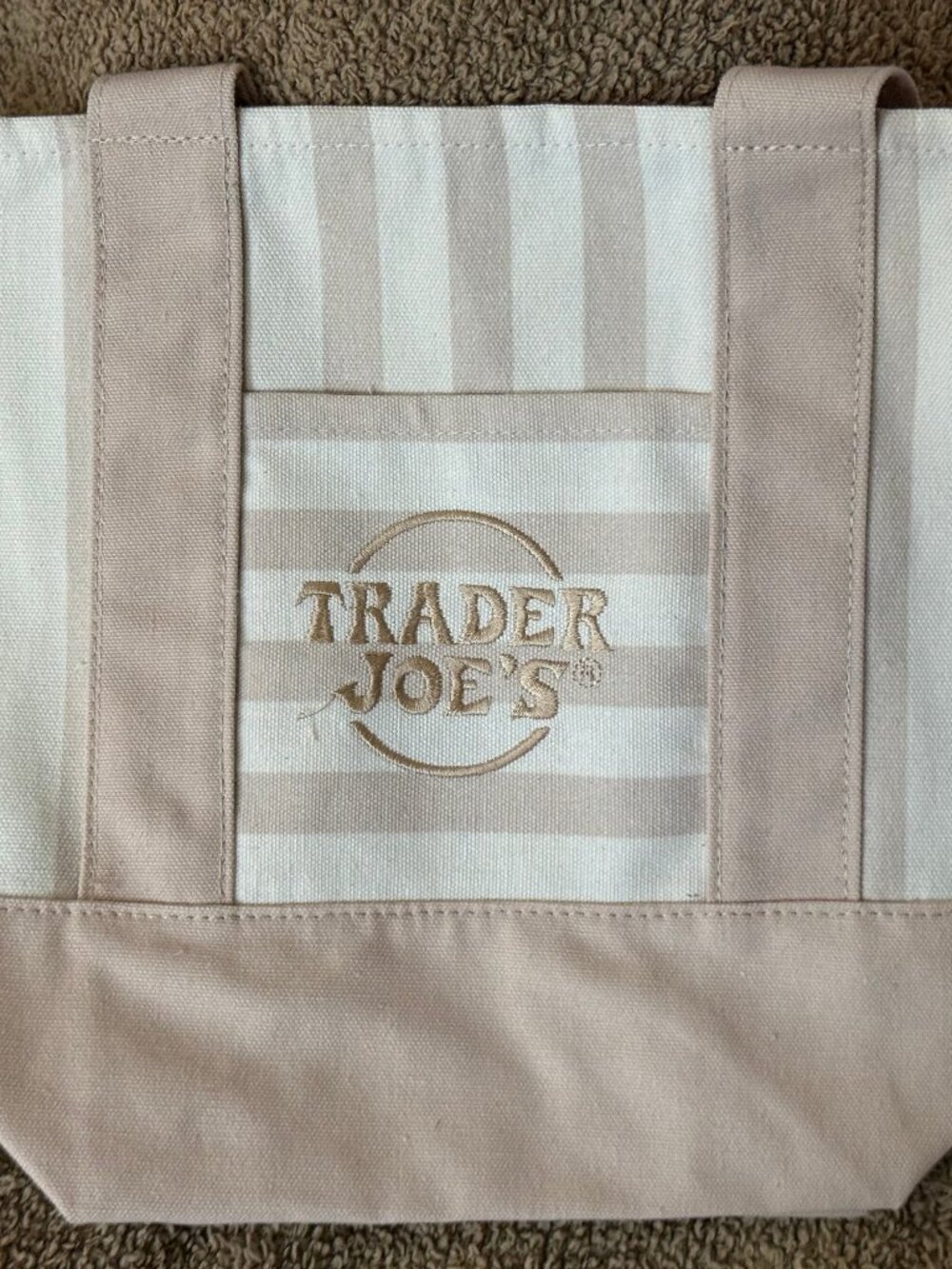 Trader Joe's Striped Mini Canvas Tote Bag Reusable Beige/White